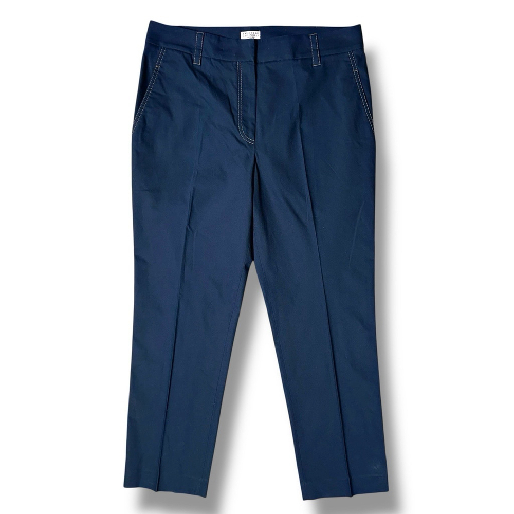 Brunello Cucinelli Womens Navy Stretch Twill Contrast Stitch Monili Trousers 8